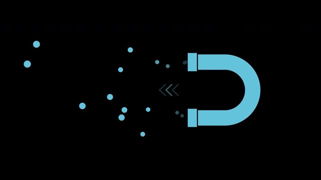 Horseshoe magnet attracting particles, flat motion graphic overlay on transparent background, blue