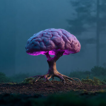 Surreal brain concept tree with glowing purple foliage in foggy forest knowledge creative
