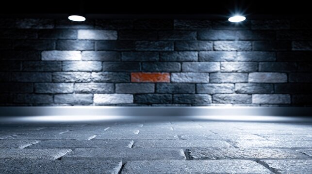 Lit brick wall with brick floor and spotlights, one brick red among grey bricks