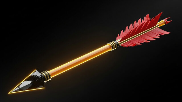 Golden arrow with red feathers and glowing tip on a dark background for gaming or fantasy use online.
