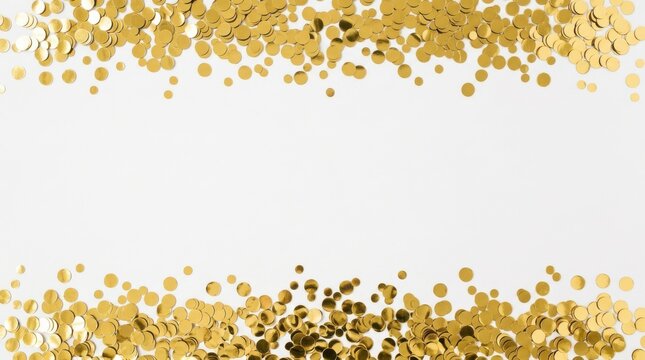 Golden glitter confetti border frame on white background with confetti
