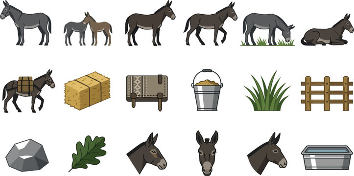 Donkey elements vector set with farm animals, donkey heads, hay bales, fences, and barnyard accessories