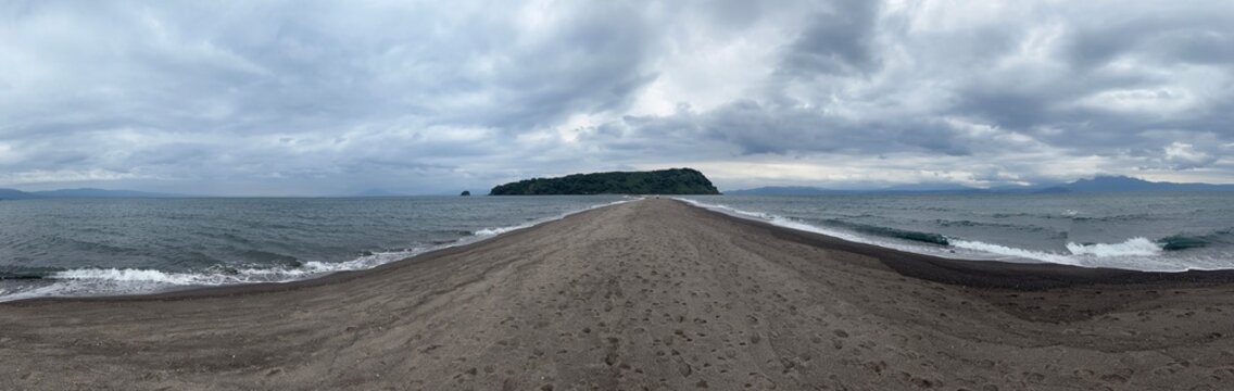 Narrow Black Sand Spit Leading to Island  Ibusuki  Japan