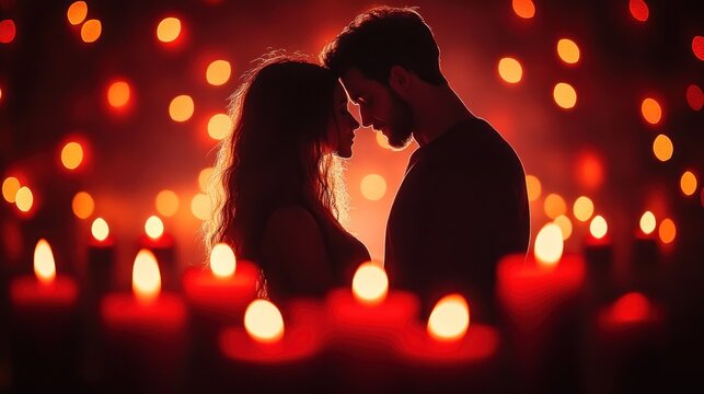 Silhouetted couple, close, red lights