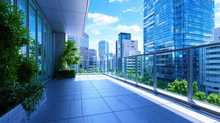 Obraz premium Modern urban balcony with city skyline views and lush greenery on a clear, sunny day