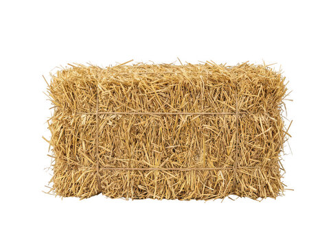 A rectangular bale of dry golden straw isolated on transparent background
