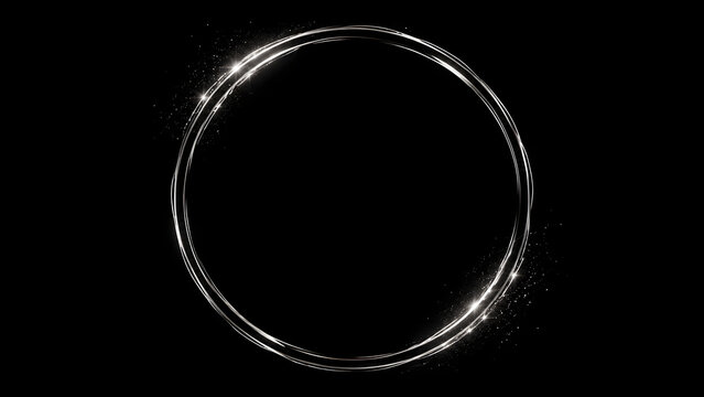 Luxury silver metallic circle frame with sparkling glitter isolated on dark black background. generated by AI.