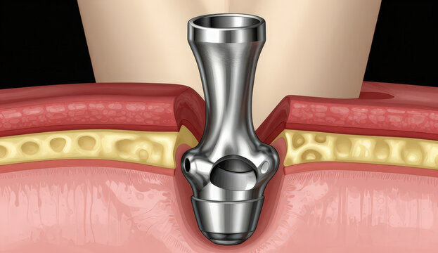 A high-detail medical illustration of a titanium hip replacement integrated into the human skeletal system. This advanced orthopedic concept represents modern joint replacement surgery, biomedical eng