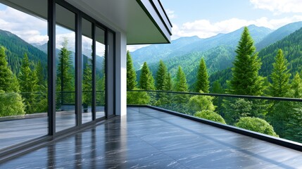 Obraz premium Modern terrace with glass railing offers scenic mountain views and lush green pine forest under clear sky
