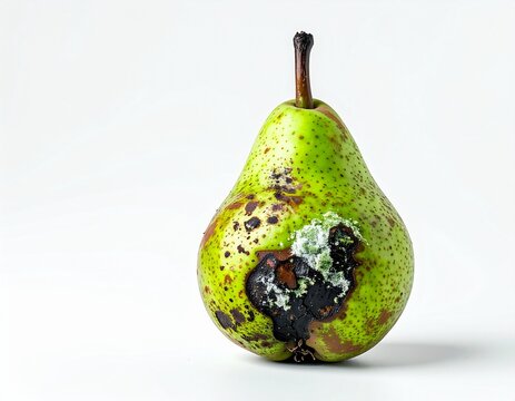 Rotten green pear with dark decay patch and white mold on white background