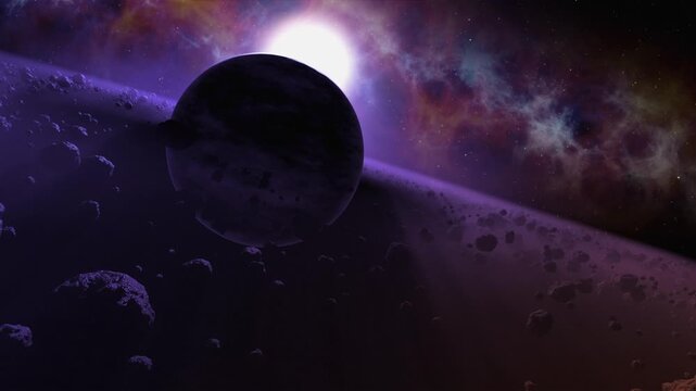 Space asteroids and colorful meteors drifting within a cosmic dust belt in deep universe in 4K Ultra HD footage.
