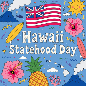 Hawaii Statehood Day Celebration Banner with Tropical Icons and Flag