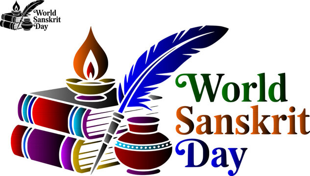 World Sanskrit Day logo template set featuring a stack of ancient scripture books a burning diya oil lamp feather quill pen and inkpot in solid black and colorful gradient variations isolated 