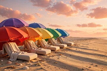 Obraz premium Rainbow Beach Umbrellas at Sunset