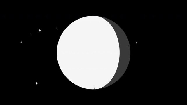 Moon phases cycling from new to full, flat motion graphic overlay on transparent background, white