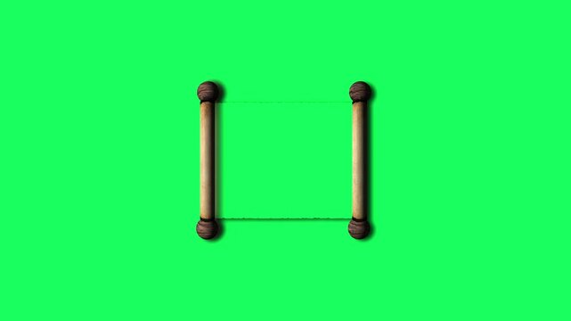Ancient paper scroll opening animation on green screen for historical transition.