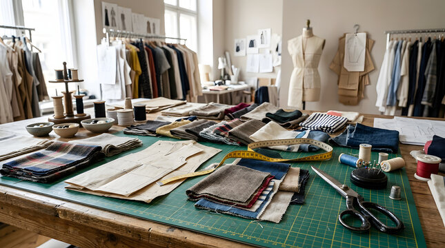 Professional tailor studio with fabric swatches, scissors, and sewing tools.