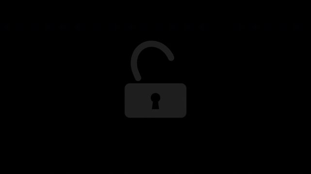 Padlock locking and unlocking with keyhole, flat motion graphic overlay on transparent background, black