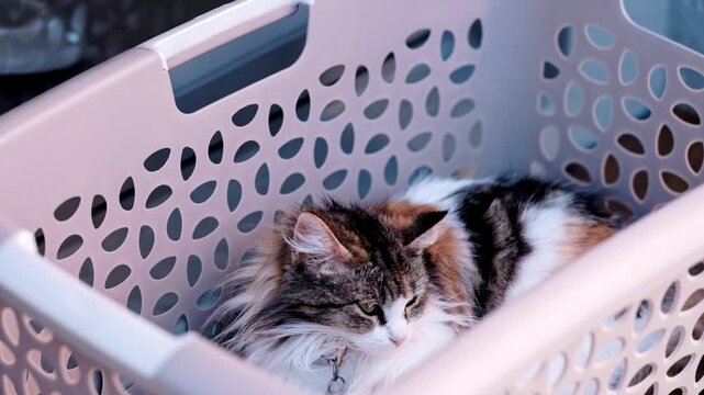Cat sleeping and yawning in a clothing basket