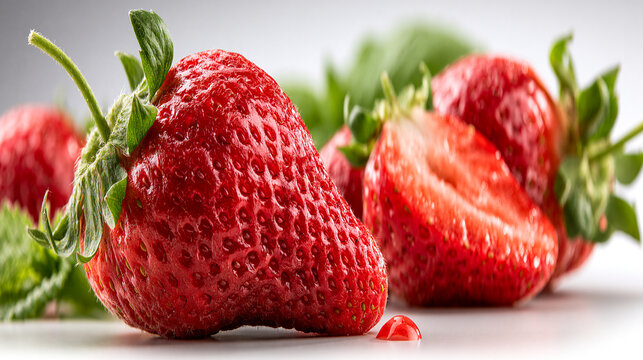 Fresh ripe red strawberries with green leaves close up strawberry vitamins delicious