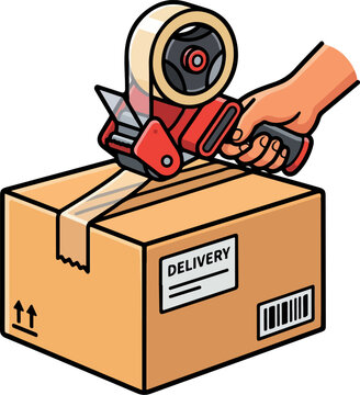 Hand sealing cardboard box with adhesive tape dispenser tool for shipping vector illustration