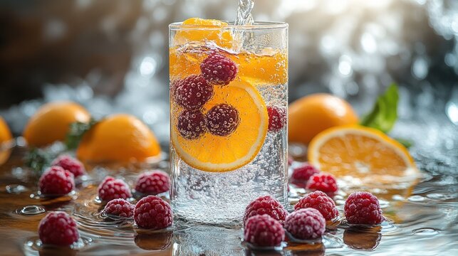 Sparkling fruit drink in glass, raspberries, oranges