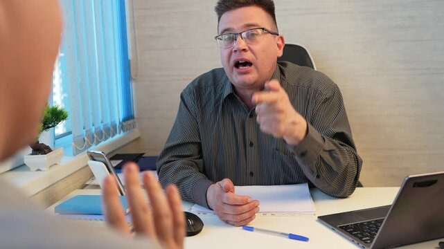 Worker unsuccessfully trying to talk furious boss out of firing him, desperate plea, office drama.