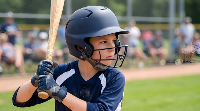Young baseball player wearing helmet and holding bat, ready to hit