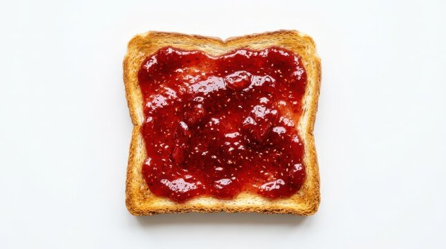 Slice of crispy toasted bread with thick red strawberry fruit jam