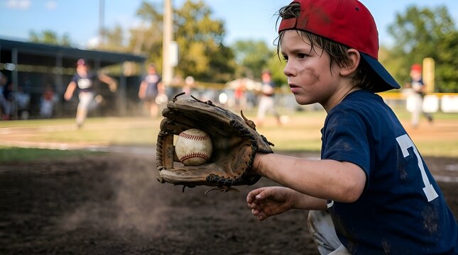 Young baseball player with glove catching ball on field, dirt on face, focused look