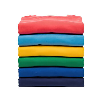 A stack of colorful folded t-shirts isolated on a white background.