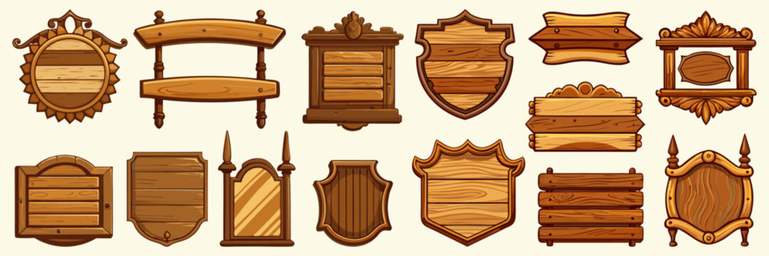Set of cartoon wooden signboards and shield-shaped banners with scrolls for game UI and menus.