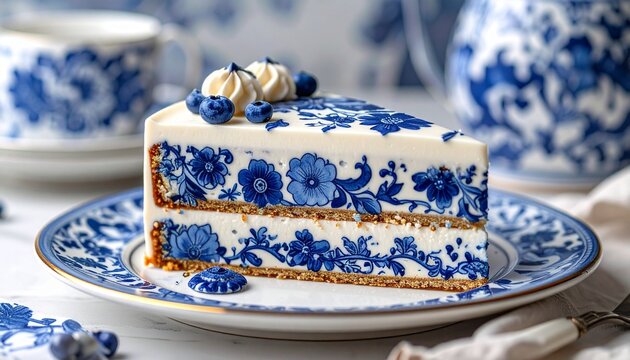 Gourmet dessert cake slice with intricate blue floral porcelain patterns topped with fresh blueberries and meringue on matching ceramic tableware