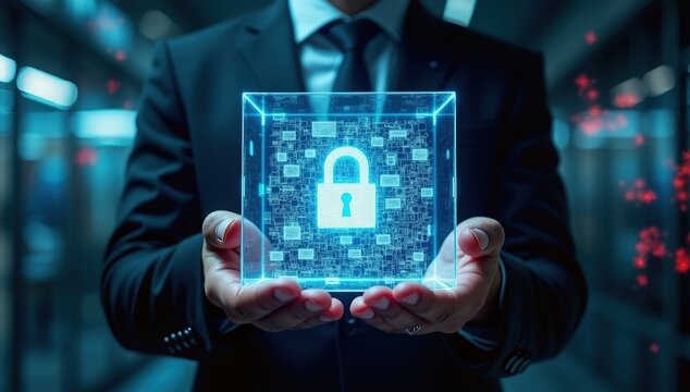 A corporate executive safeguards valuable digital assets inside an encrypted biometric security system while artificial intelligence protects sensitive information against cyber threats. 