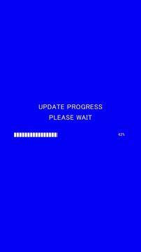 Vertical video of loading progress bar with on-screen text update progress please wait on blue background