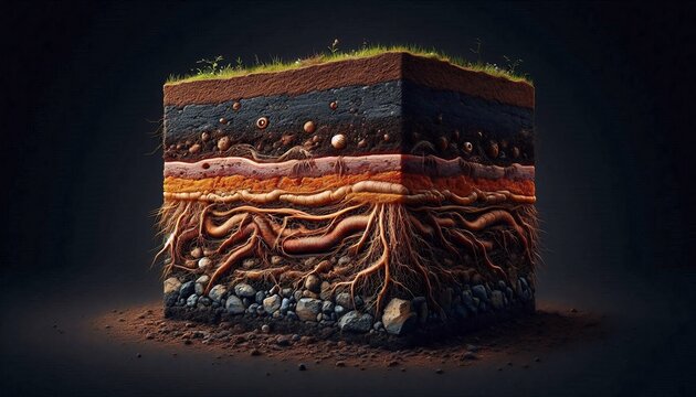 Cross section block showing earth soil layers with complex plant root systems underground