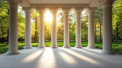Fototapeta premium Sunlight streams through colonnade into lush park