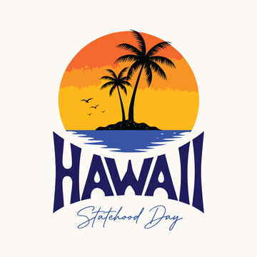 Hawaii Statehood Day Celebration Logo with Tropical Sunset and Palms