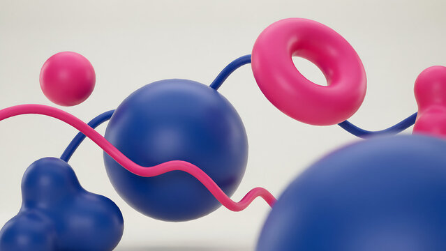 Abstract 3d shapes with blue spheres and pink rings illustration