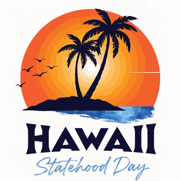 Hawaii Statehood Day Celebration Logo with Tropical Sunset and Palms