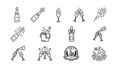 Fototapeta premium Champagne line icons vector set with bottle, flute, pouring, toast, bucket, bow, and celebration badge designs in outline style