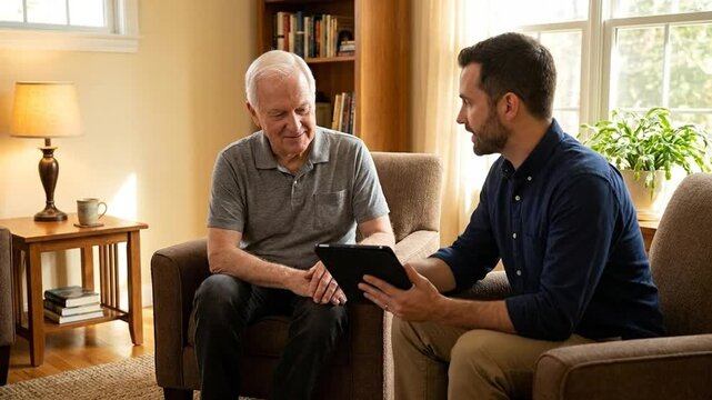 Financial Advisor or Caregiver Explaining Digital Information to Senior Man at Home Using Tablet
