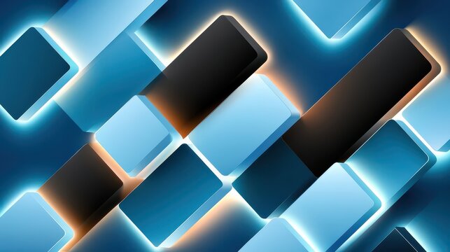 Abstract digital technology background with glowing blue and black 3D rectangles and neon accents