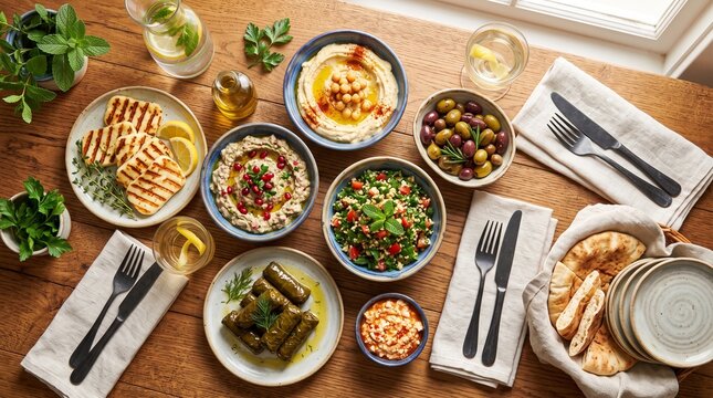 Overhead view of traditional Middle Eastern meze spread with hummus, baba ghanoush, tabbouleh, grilled halloumi, olives, and pita bread on wooden table
