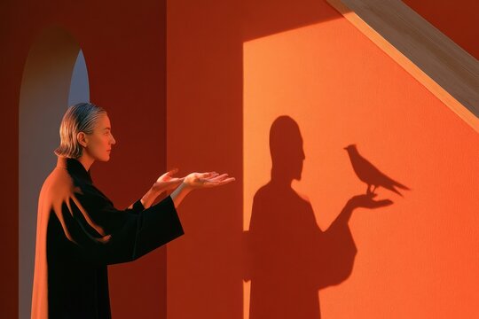 Woman forming a bird shadow puppet on an orange wall with outstretched hands and profile