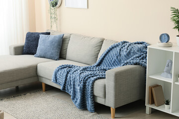 Modern living room interior with a comfortable gray sectional sofa, blue throw blanket, and decorative pillows © Pixel-Shot