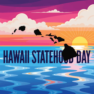 Hawaii Statehood Day Celebration Banner with Island Map and Sunset