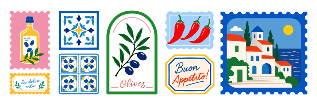 Italy amalfi coast capri riviera dolce vita summer travel postage stamps labels stickers. Mediterranean food olive oil chili pepper ceramic tile landscape. Aesthetic kitchen decor wall poster