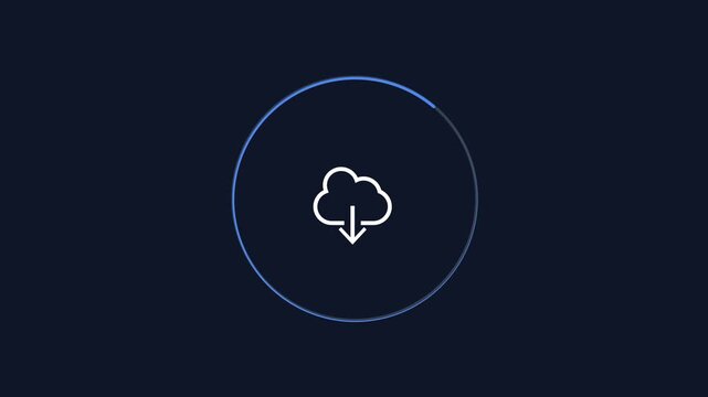 Minimal animated cloud download icon with a circular progress outline on a dark background. Modern motion graphic for cloud storage, file download, synchronization, data transfer, and technology inter