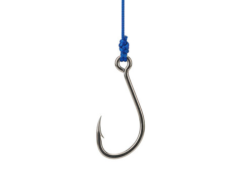 A sharp metal fishing hook tied to a blue nylon string isolated on transparent background